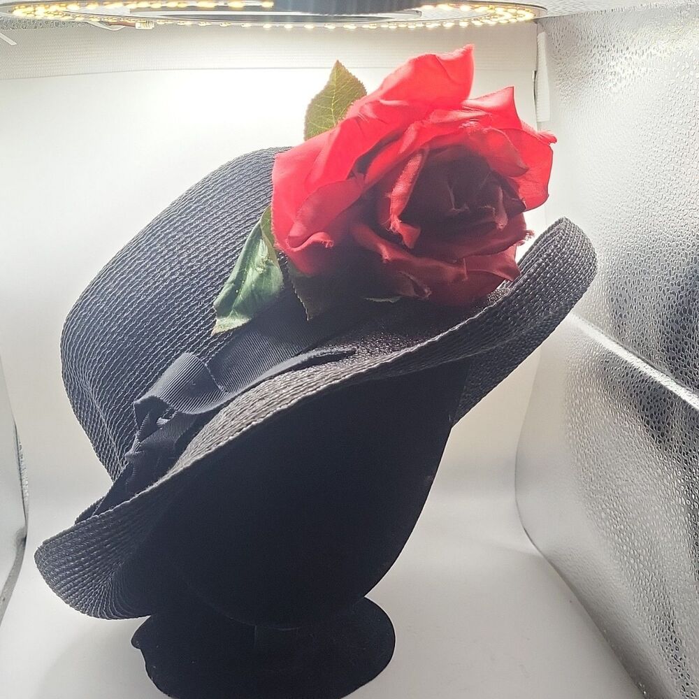 Women’s Black Straw Boater Hat Solid Wide Brim Red Flower Accent One Size Lola